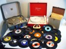 2 Vintage Portable Record Players plus 51 Assorted 45rpm Records+Carrying Case