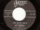 RARE BLACK ROCKER 45 BILL JOHNSON & FOUR STEPS on TALOS VG++ COPY  HEAR 