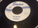 The Beatles She Loves You SWAN RARE Blue Print on White 45 Mastering Art Phila