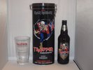 IRON MAIDEN TROOPER ETCHED BEER GLASS & COLLECTABLE TIN & EMPTY BOTTLE (NO BEER)