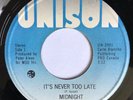 Rare '79 Canada Modern Soul Disco Unison 45 Midnight - It's Never Too Late NM