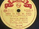 78 rpm - JULIETTE GRECO - Sous le ciel de Paris - Embrasse moi - PHILIPS 72001