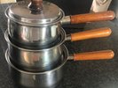 Vintage Prestige Copper Bottom Saucepans Stainless Steel Wooden Handles 3 Lids